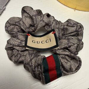 Authentic Gucci Brown Monogram Scrunchie with Signature Web Stripe